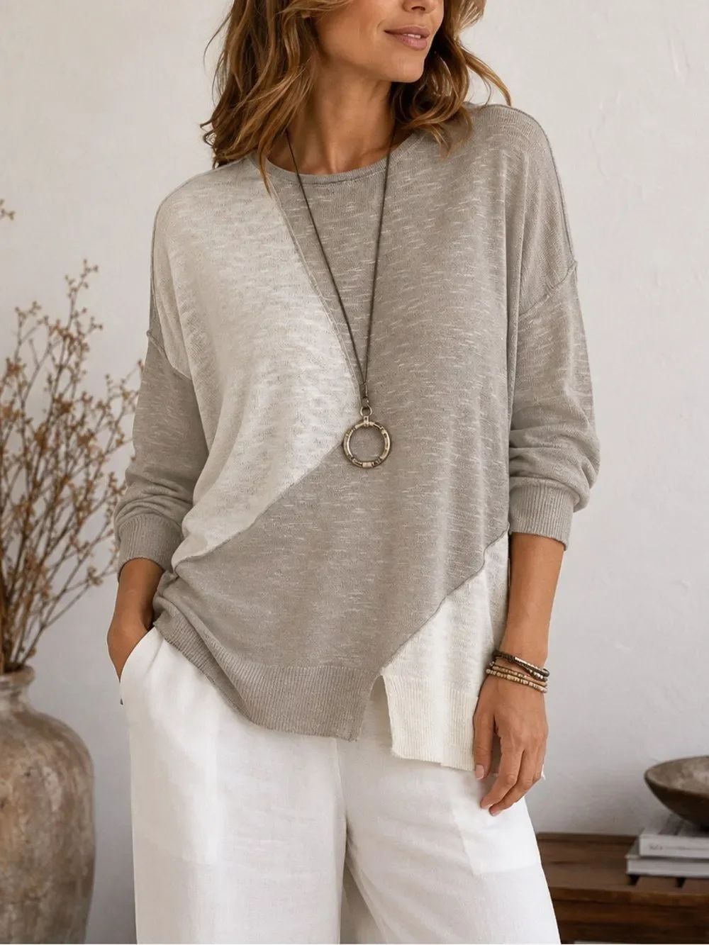 Ten-Oh-8 Linen Blend Colorblock Asymmetrical Lightweight Knit Sweater Size M